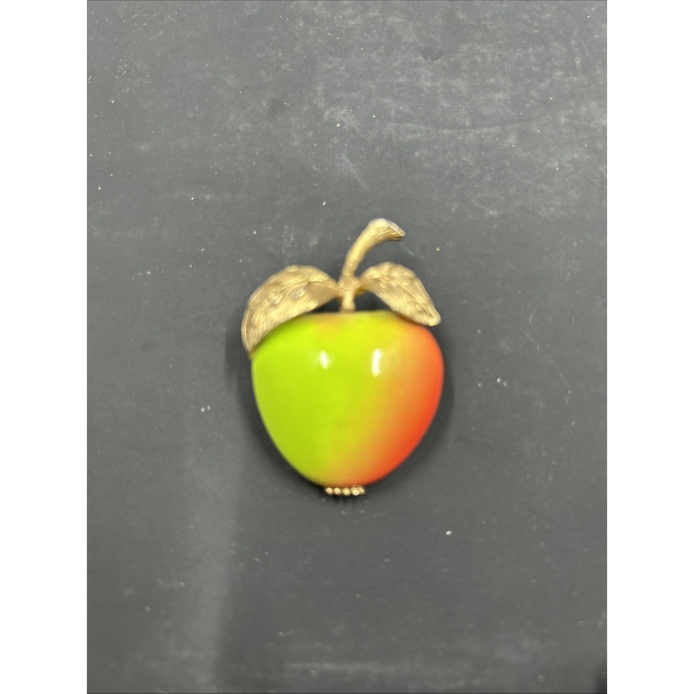 Vintage‎ Green Red Apple With Goldtone Stem And Leaf Pin Enamel